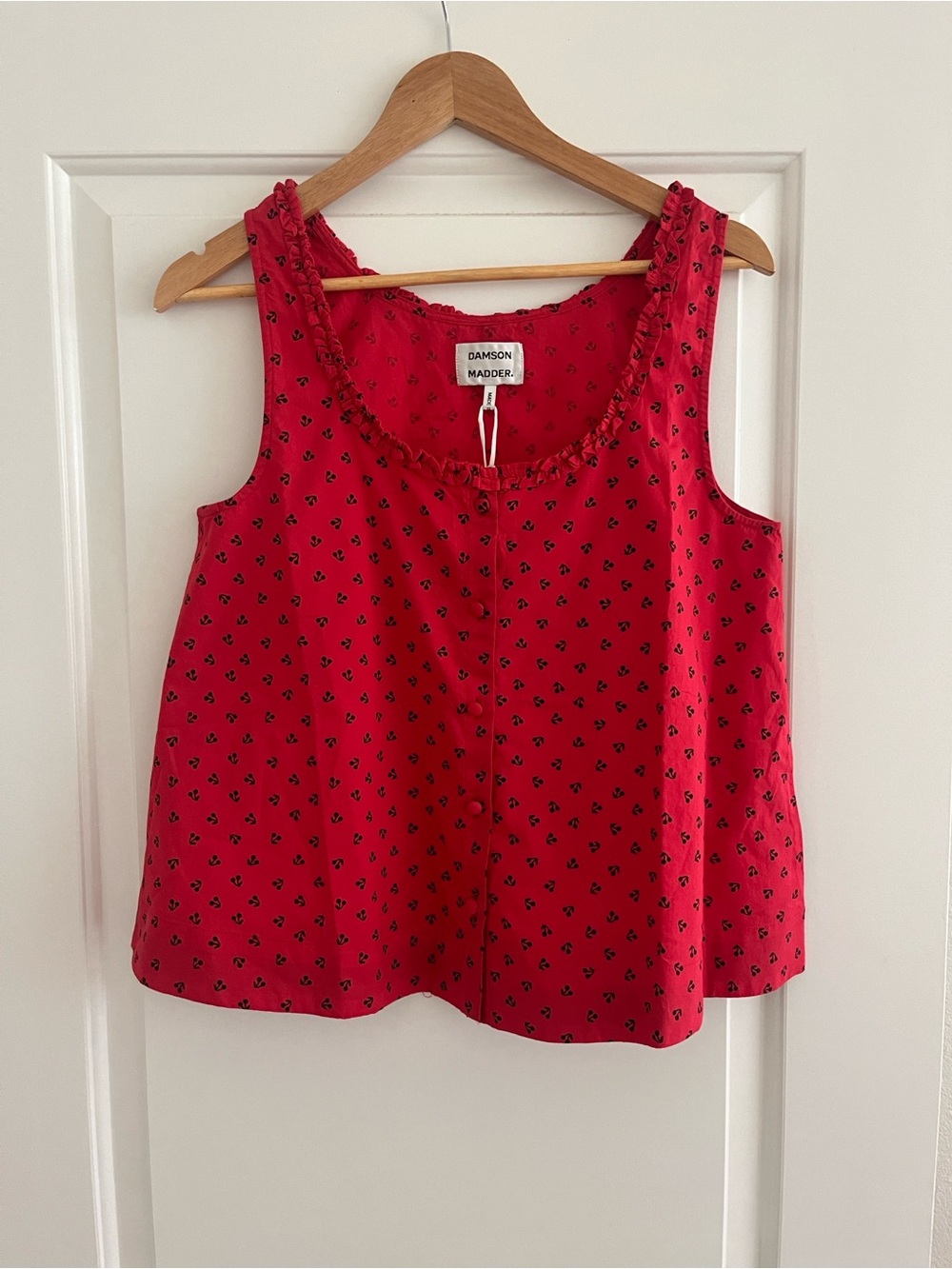 Damson Madder Mafalda Ruffles Cherries Sleeveless Red Camisole Top OrganicCotton